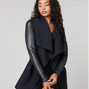 [NEW] SPANX Drape Front Jacket Women's Black Ponte Faux Leather Wrap Waterfall